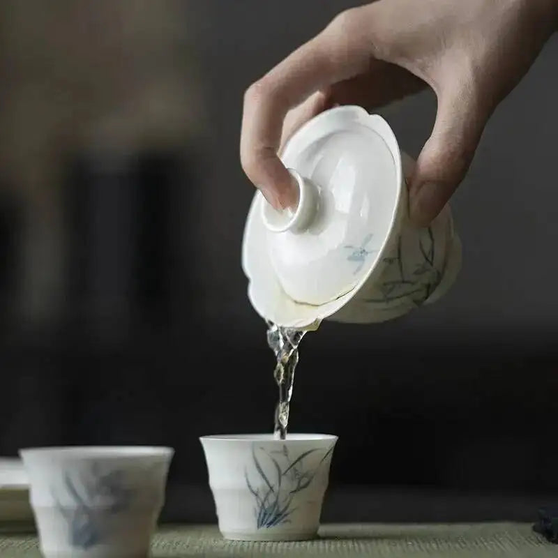 High Foot Flower Mouth Gaiwan Kung Fu Ceramic Hand-painted Blue And White Orchid Tea Bowl Household Oasis Select