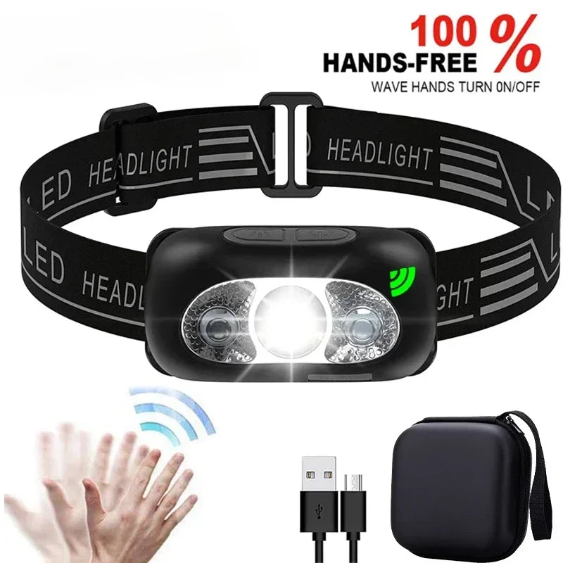 Strong Light Headlamp Portable LED Sensor Headlamp USB Rechargeable Head Flashlight Outdoor Camping Fishing Emergency Lantern Oasis Select with bag