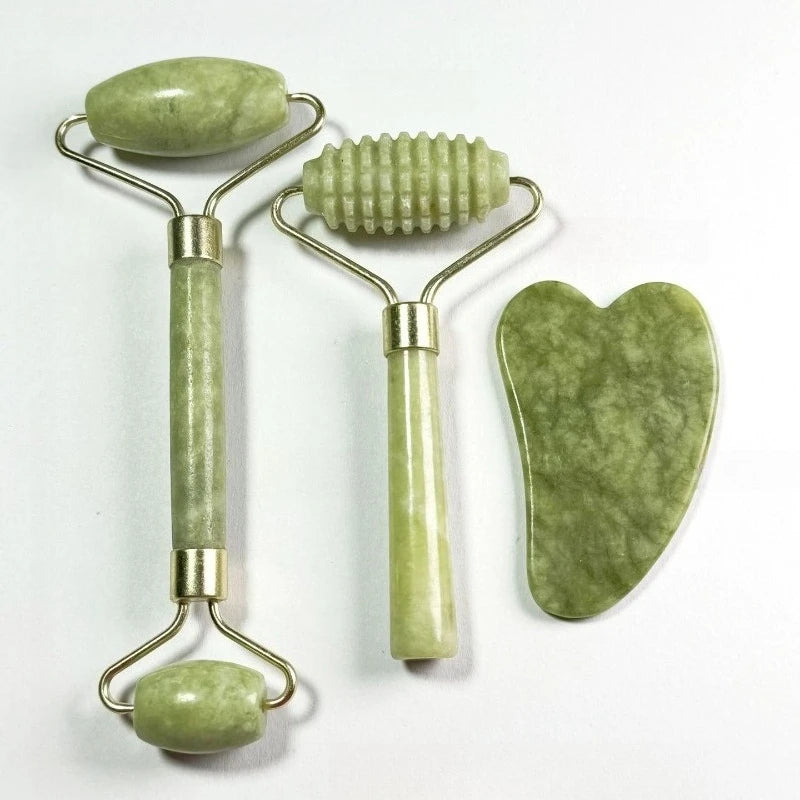 A Set of Jade Massage Tools with Double Headed Rollers To Promote The Absorption of Skincare Products and Unblock Meridians Oasis Select green