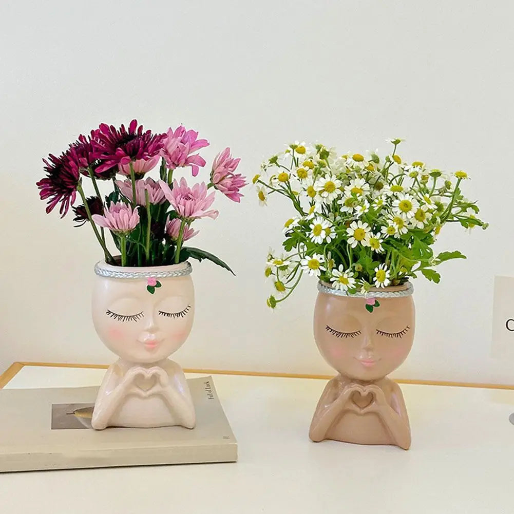 Resin Girl Face Planter – Cute Succulent Pot with Drainage Hole
