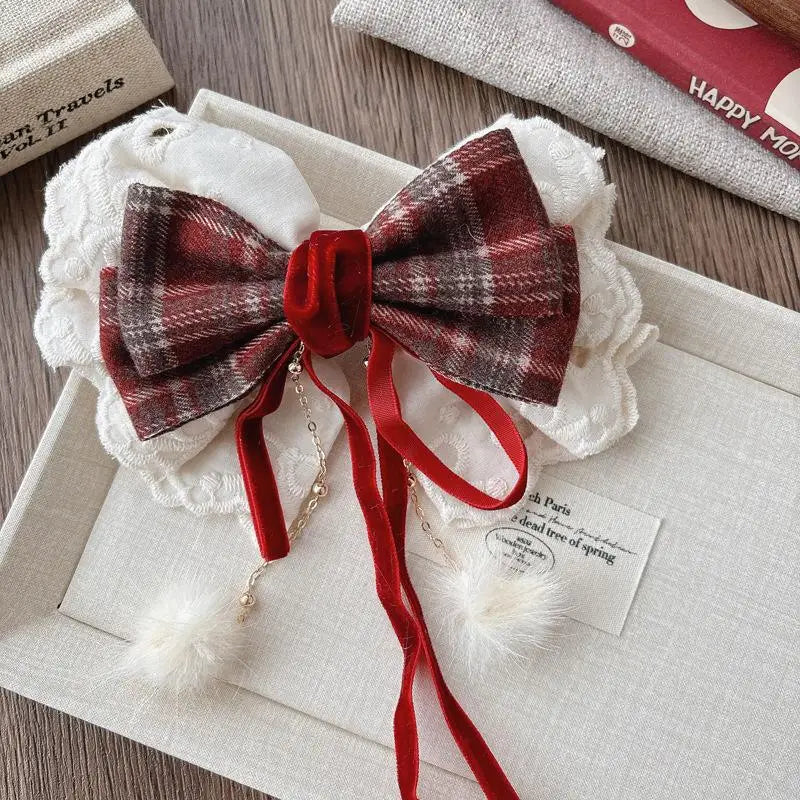 Girls Red Velvet Lace Bow Hair Clip | Korean Princess Hairpin