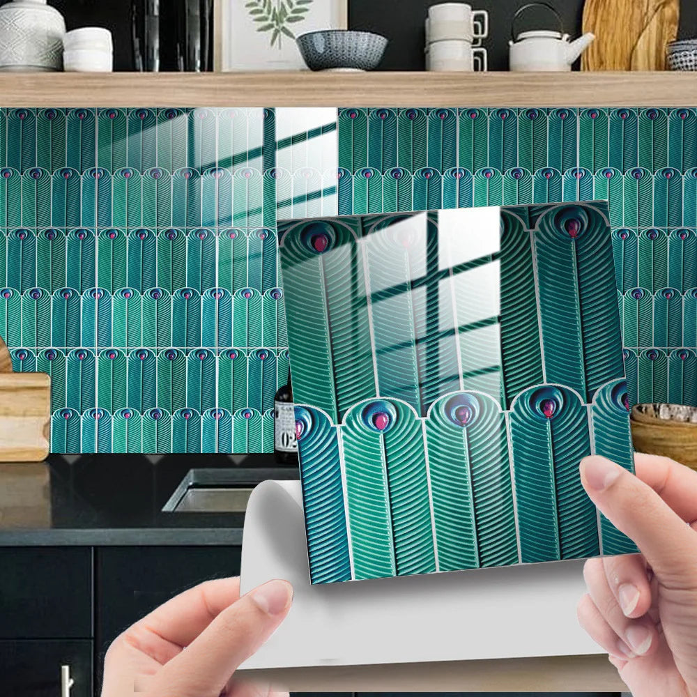 Covered with crystal film peacock feather pattern renovation home mural tile wall sticker Oasis Select DJ054 15x15cm-10pcs