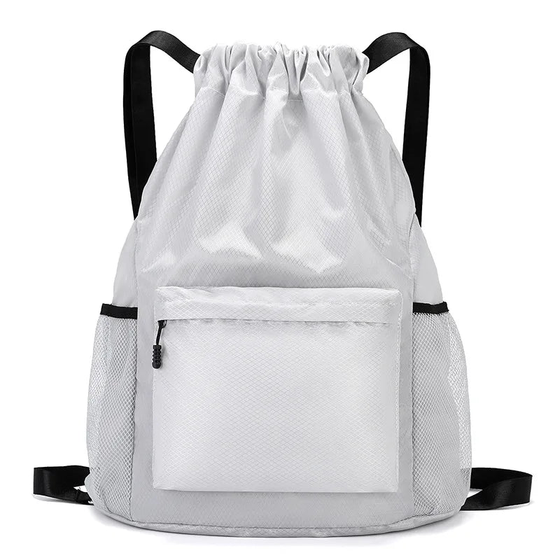 Water Resistant Nylon Drawstring Sports Backpack with Tassel Zipper Utility Pocket Lightweight Gym Sack for Travel Outdoor Oasis Select White Grey 40CM