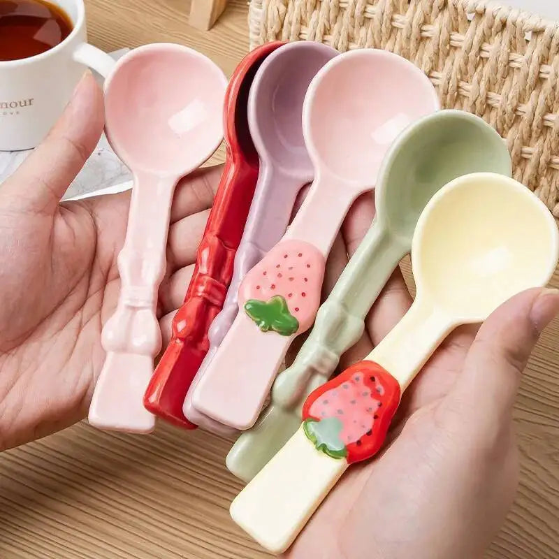 Strawberry Bowknot Spoon Creative Girly Ceramic Spoon High-Value Long Handle Dessert Spoon Kitchen Tablewear Oasis Select