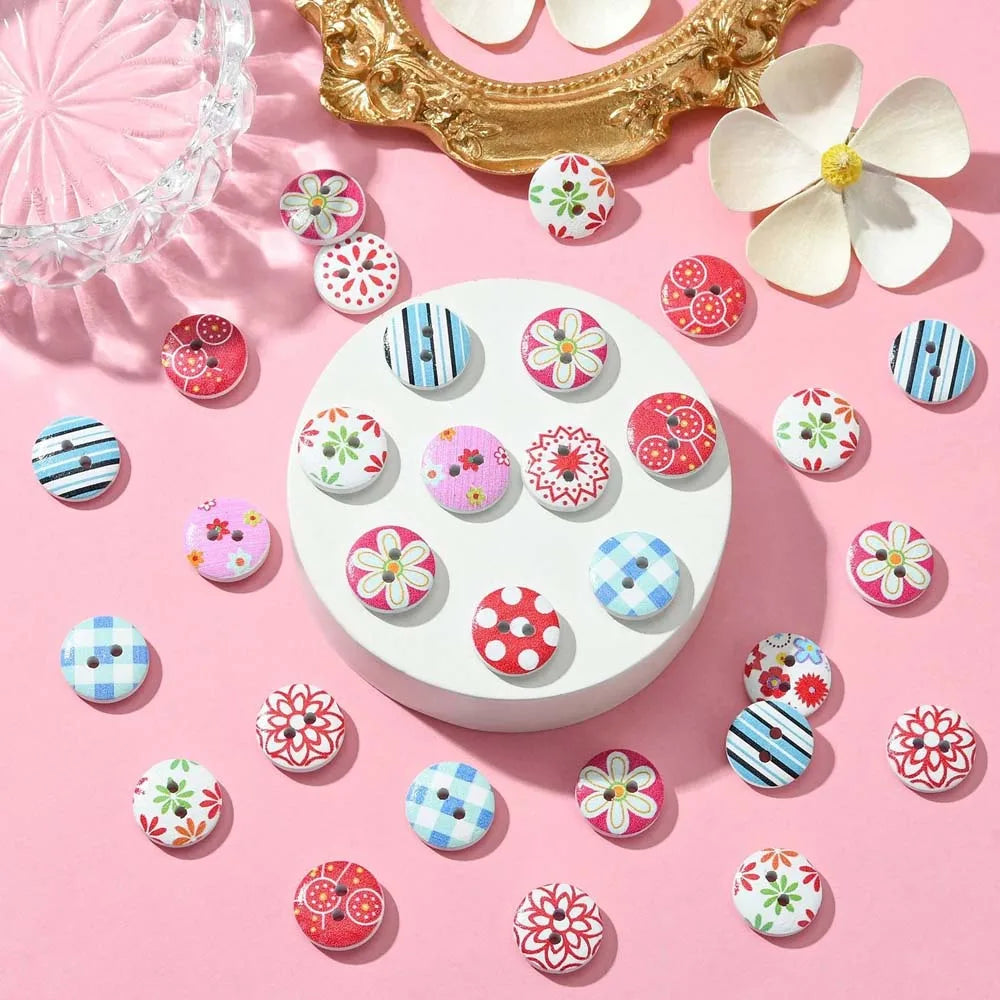 50/100pcs Mixed Round Multiple Patterns Flower Wood Button For Sewing Buttons Clothes Accessories Wood Crafts Decoration DIY Oasis Select