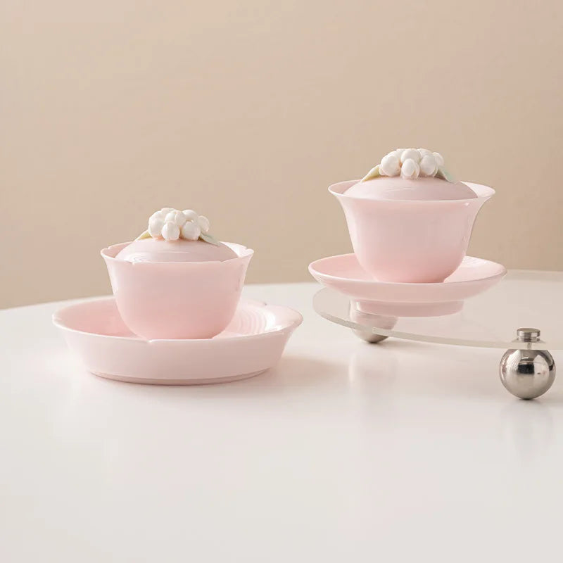 Peach Pink Pinch Flower Sancai Gaiwan Tea Cup Single High-end Handmade Household Ceramic Kung Fu Tea Set Tea Bowl Large Size Oasis Select