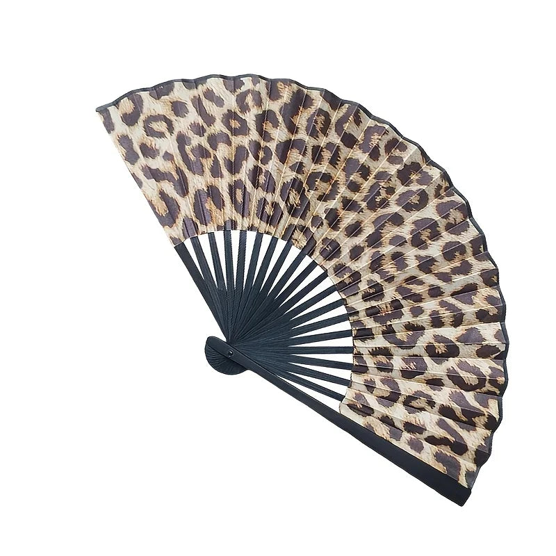 Elegant Leopard Print Folding Fan with Black Frame - Stylish Princess Theme, Lightweight & Portable for Women Oasis Select