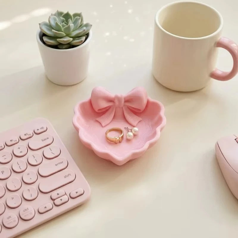 Heart-Shaped 3D Printed Jewelry Tray – Pink Bow Desk Organiser
