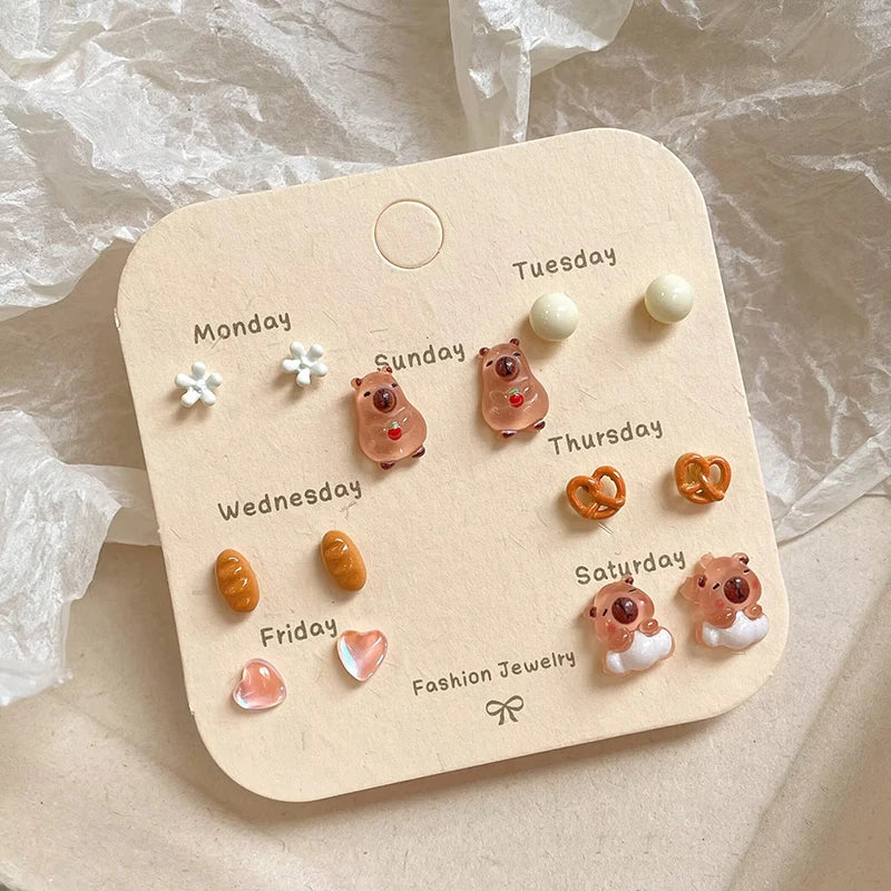 3/6/7pairs Capybara Cartoon Stud Earrings Mini Ear Studs Cute Earring Fashion All-match Earrings For Women Jewelry Accessories Oasis Select 7pairs