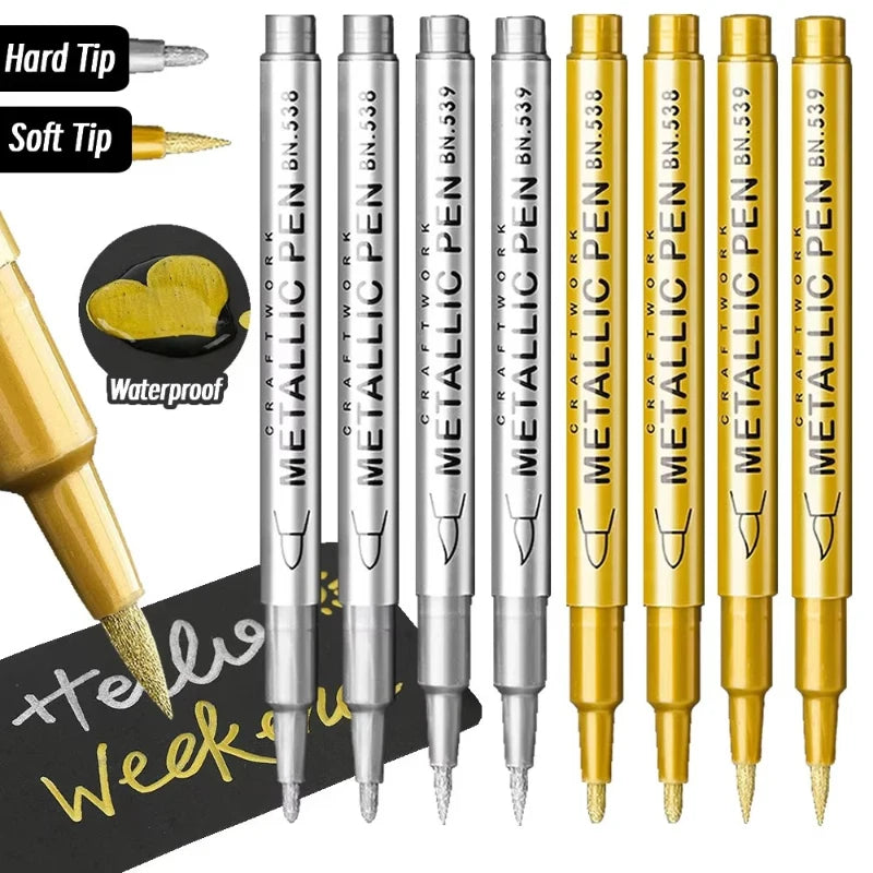 1/2/3pcs Soft Brush Metallic Marker Pens Gold Silver Permanent Art Markers For Glass Ceramics Resin Crafts Scrapbooking Painting Oasis Select