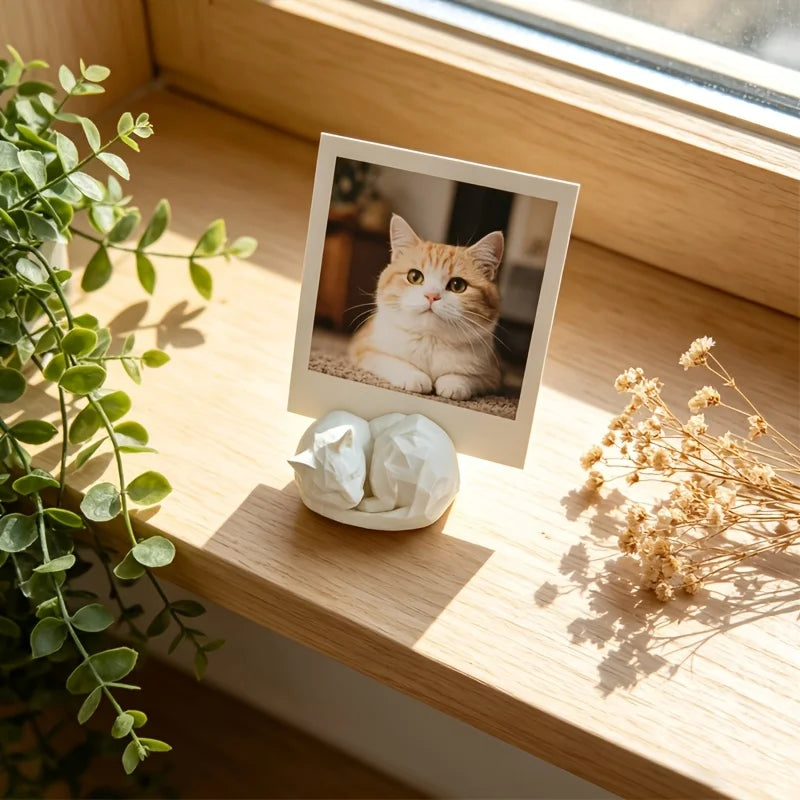 Mini Sleeping Cat Photo Stand 3D Printed Curled Kitten Photo Display Holder Cute Table Ornament Decor for Desk Window Sill Gifts Oasis Select