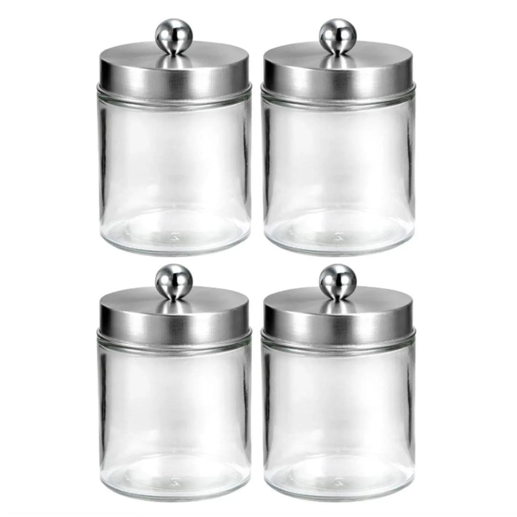 Bathroom Vanity Storage Organizer Set -- Farmhouse Decor Qtip Holder for Cotton Swabs,Makeup Sponges,Flossers,Paper Clips Oasis Select 4pcs-silver