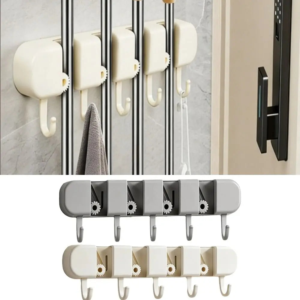 Practical Automatic Adjustable Mop Clip 5 Hook Wall Mounted Broom Organizer Clip Rolling Moisture-Proof Broom Hanger Shower Room Oasis Select