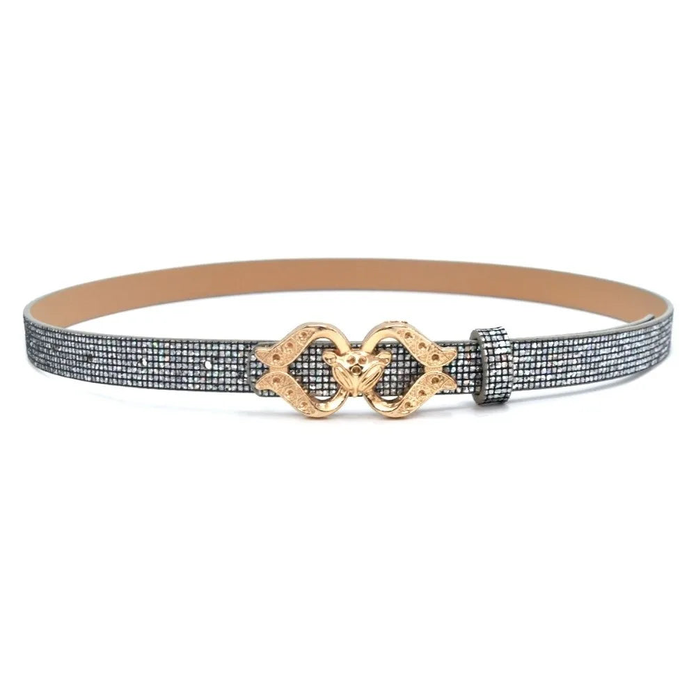 Fashion Bling Bling Sparkling Rhinestone Belt Glitter Luxury Brand Design Fox Buckle Belt Versatile PU Leather Belt Women Oasis Select Silver