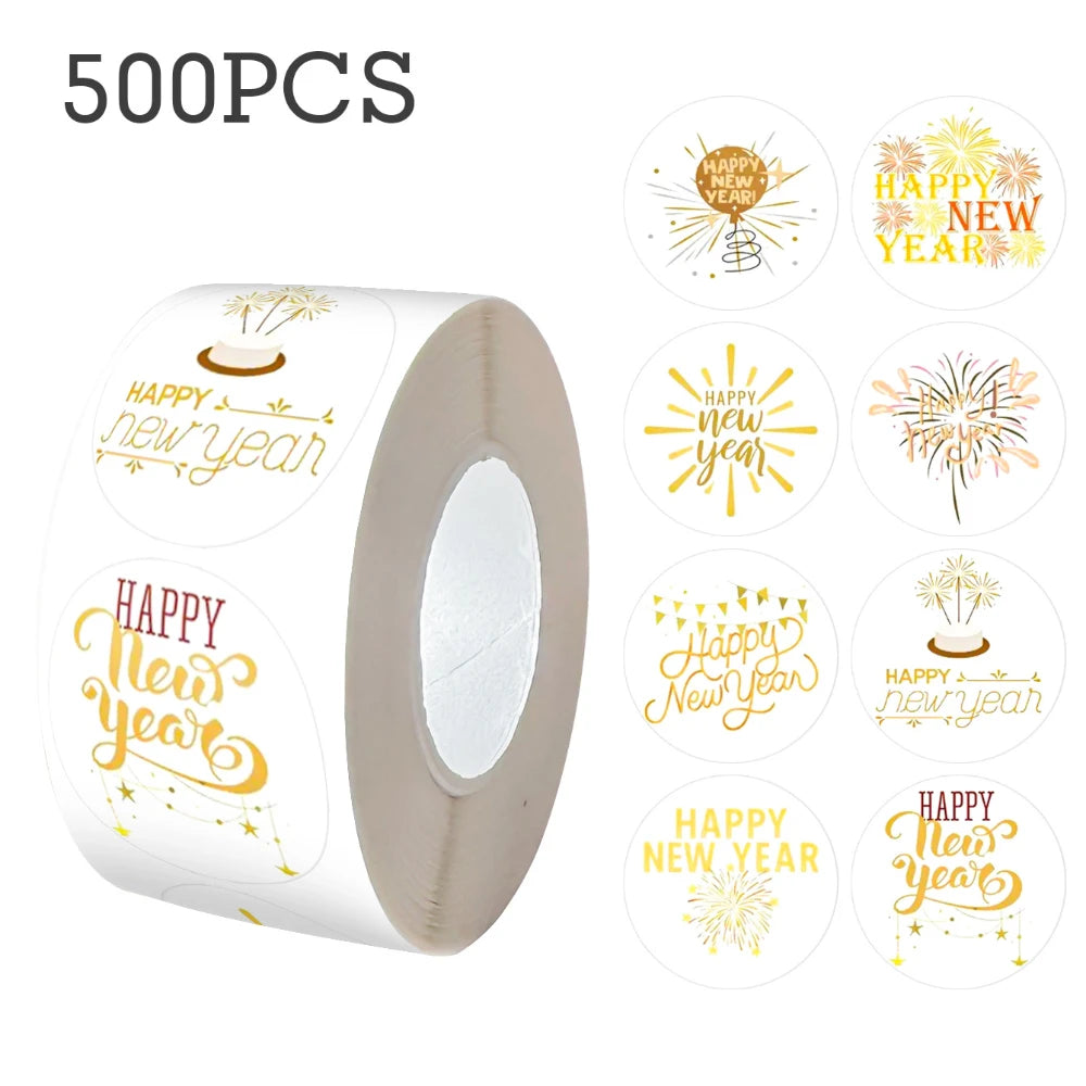 500pcs Gold Foil Happy New Year Stickers – Gift & Cake Packaging