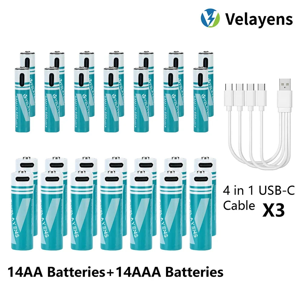 1.5V USB Rechargable Lithium Battery AA 2200mAh + AAA 600mAh Actual Capacity Fast Charging 2000+ Charge Cycles Oasis Select 14AA 14AAA