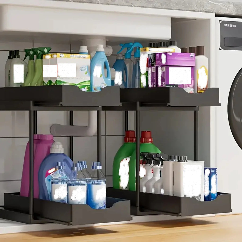Double-Layer Pull-Out Kitchen Storage Rack, Non-Slip and Stable, Multifunctional Storage Box with Five Hooks, Under-Sink Oasis Select
