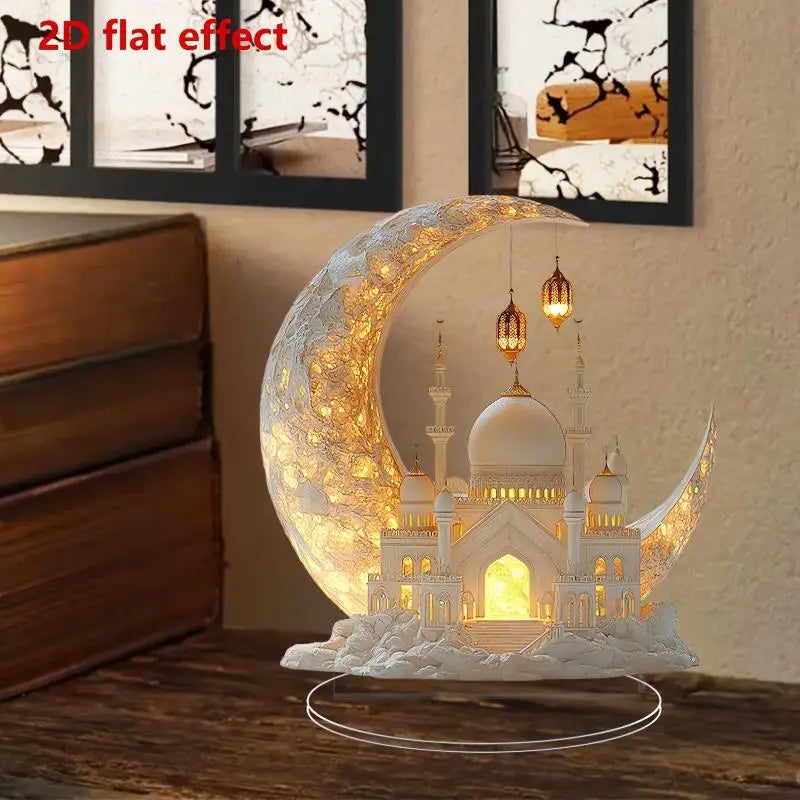 2D Acrylic Crescent Castle Ornament Ramadan Festival Decoration Eid Al-Fitr Mubarak Islamic Table Sign Home Party Events Decor Oasis Select A4