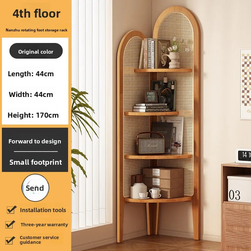 Chinese retro rattan corner decoration shelf, living room sofa wall edge book cabinet, bedroom solid wood triple crutch screen Oasis Select