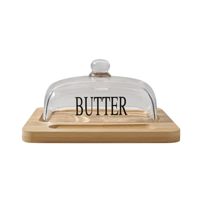 Wooden butter dish glass lid cheese box Butter cheese dessert plate cake dessert table display stand Oasis Select