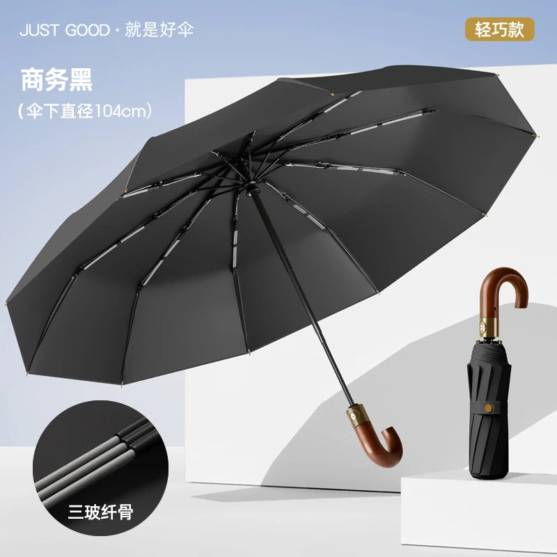 Automatic Umbrella Bent Hook Wooden Handle Umbrella Large Double Thickened Storm Resistant Umbrella Oasis Select Black 104cm 10K metal-fiber composite
