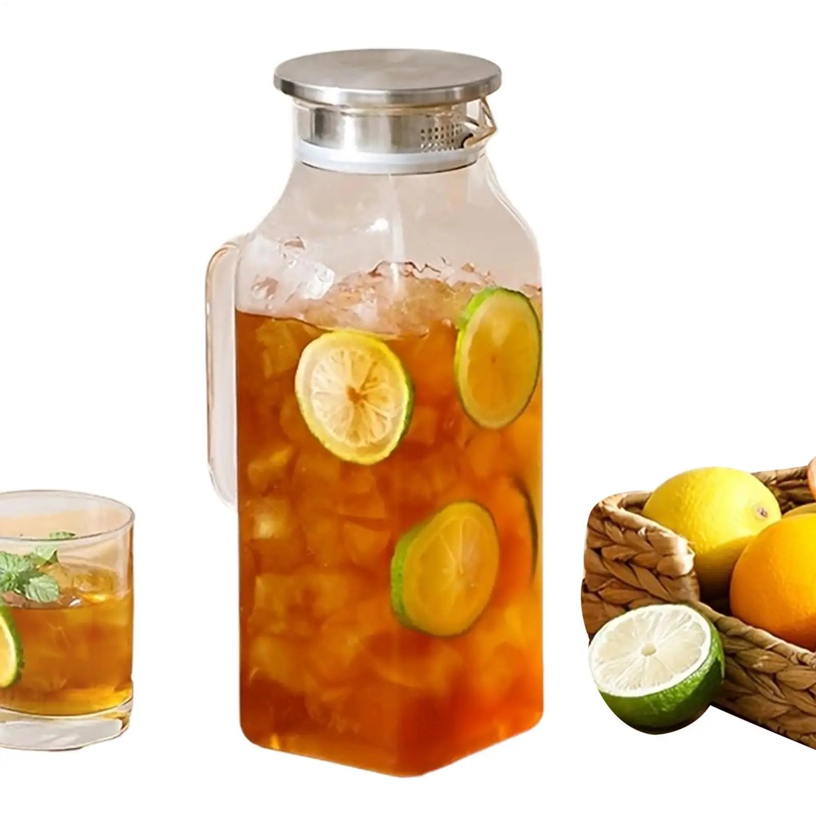 Glass Drink Pitcher 2L Beverage Jug with Handle and Lid Household Tea Pitcher for Tea Coffee Juice Milk Lemonade Refrigerator Oasis Select