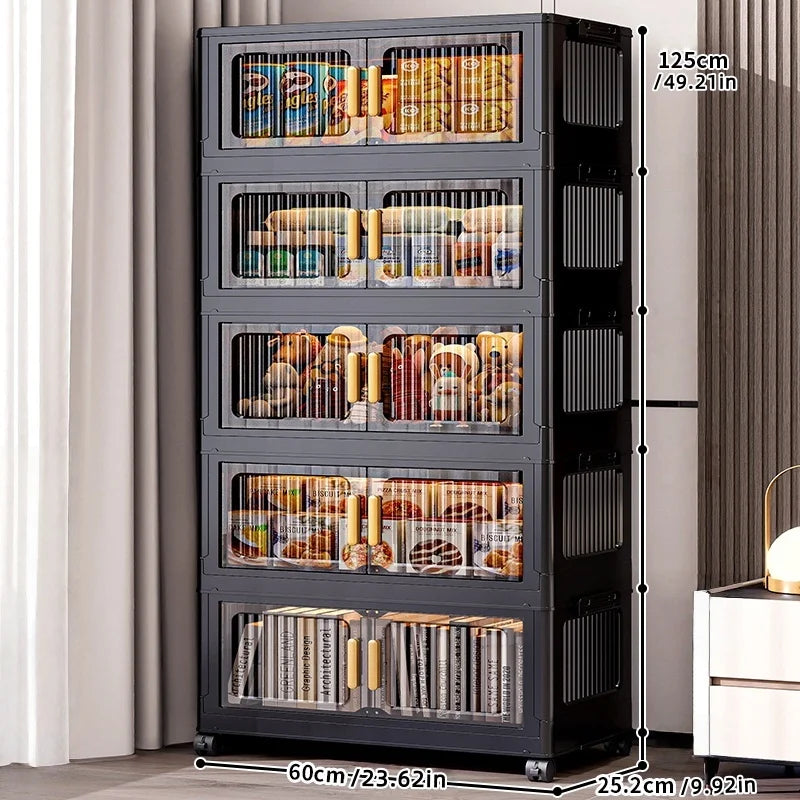 Foldable Clear Double-Door Storage Cabinet Large Space-Saving Mobile Organizer Dustproof Moisture-Proof for Kitchen Living Room Oasis Select 5 Tiers