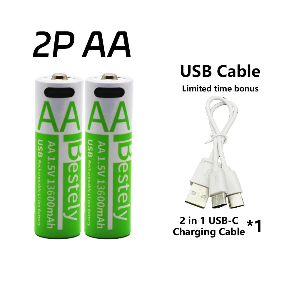 Rechargeable AA Battery13600mAh, 1.5V AA Li-ion Batteries with USB Type C Charging Cables, Long Life, Low Self-discharge Oasis Select 2P AA