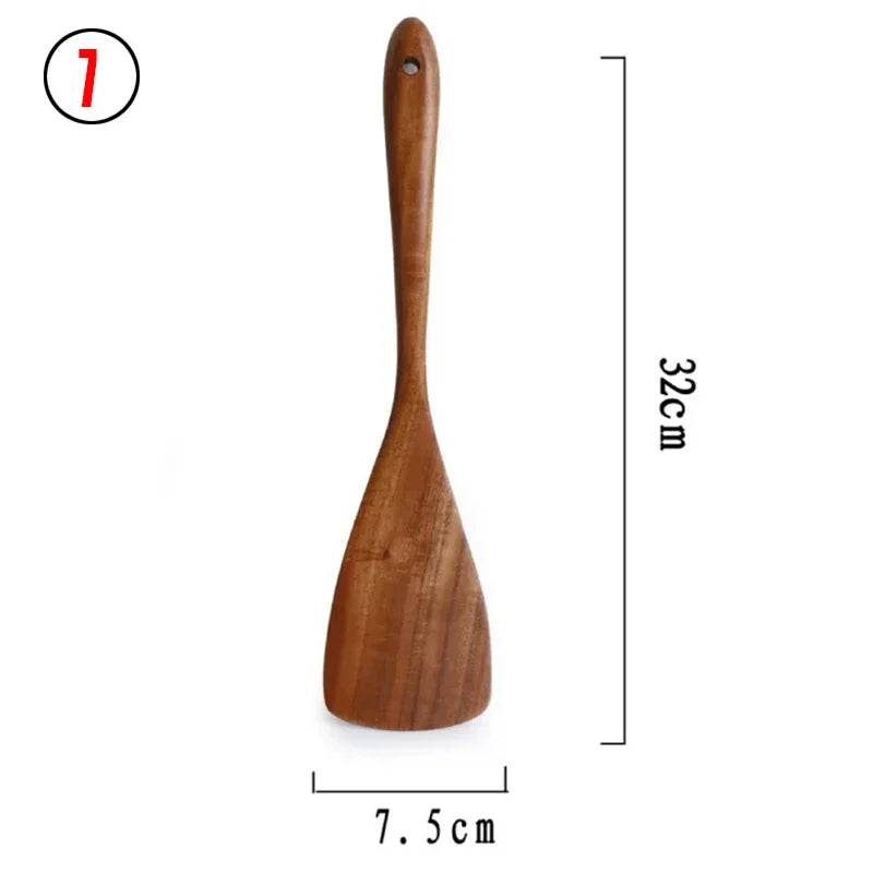 7pcs/set Teak Natural Wood Tableware Spoon Ladle Turner Rice Colander Soup Skimmer Cooking Spoon Scoop Kitchen Reusable Tool Kit Oasis Select 7