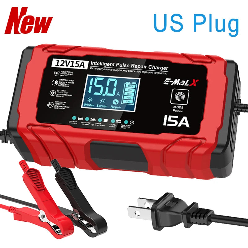 12V 15A Battery Charger Smart Charging For Lifepo4 Lead Acid AGM GEL Lithium Iron Phosphate Batteries With LED Display Car Moto Oasis Select Upgraded-US