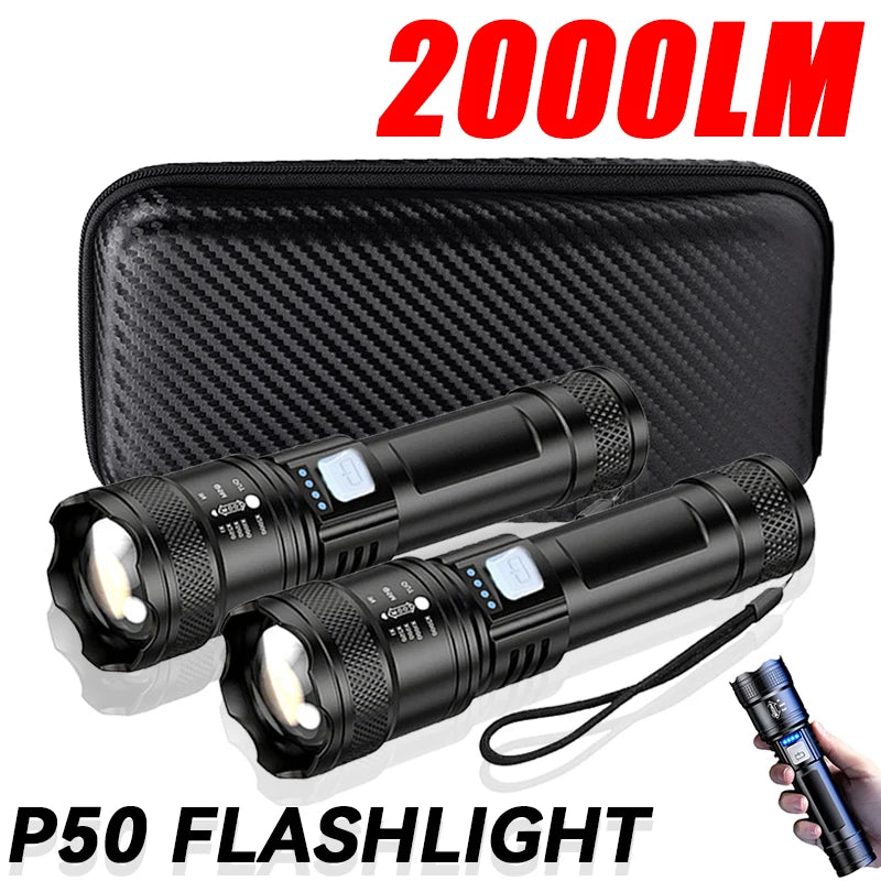 Tactical LED Flashlight 2000LM USB-C Rechargeable Zoomable Torch