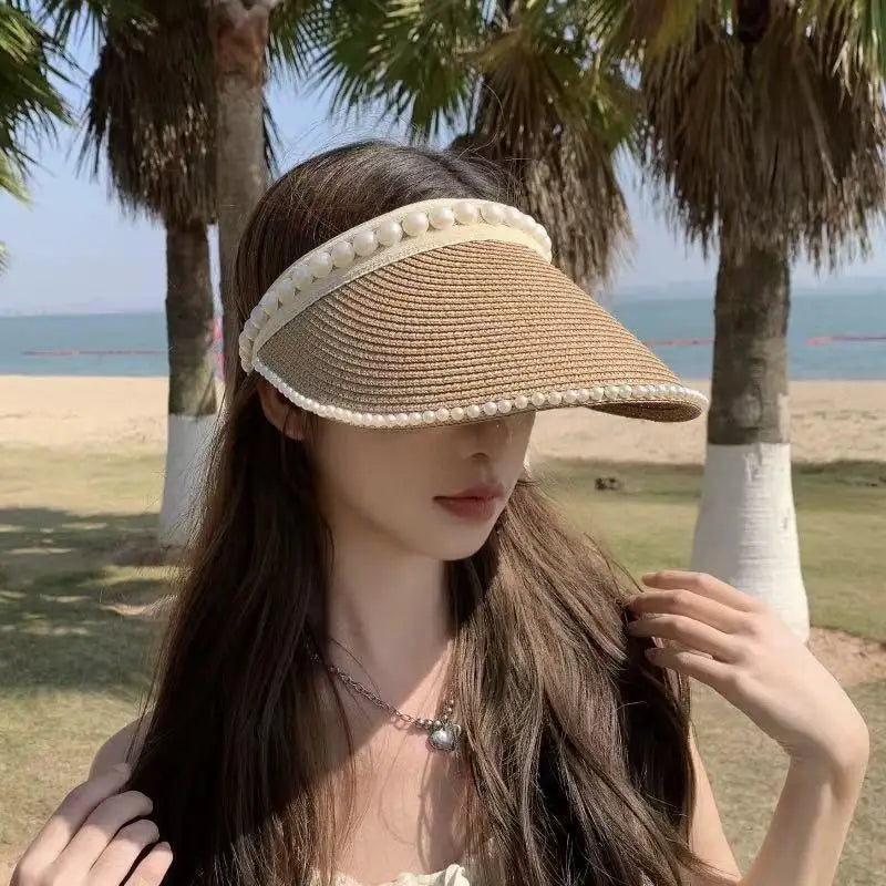 Summer Beach Straw Hat with Pearls for Women Wide Brim Open Crown Elegant Raffia Sun Protection Cap Holiday Essentials Oasis Select
