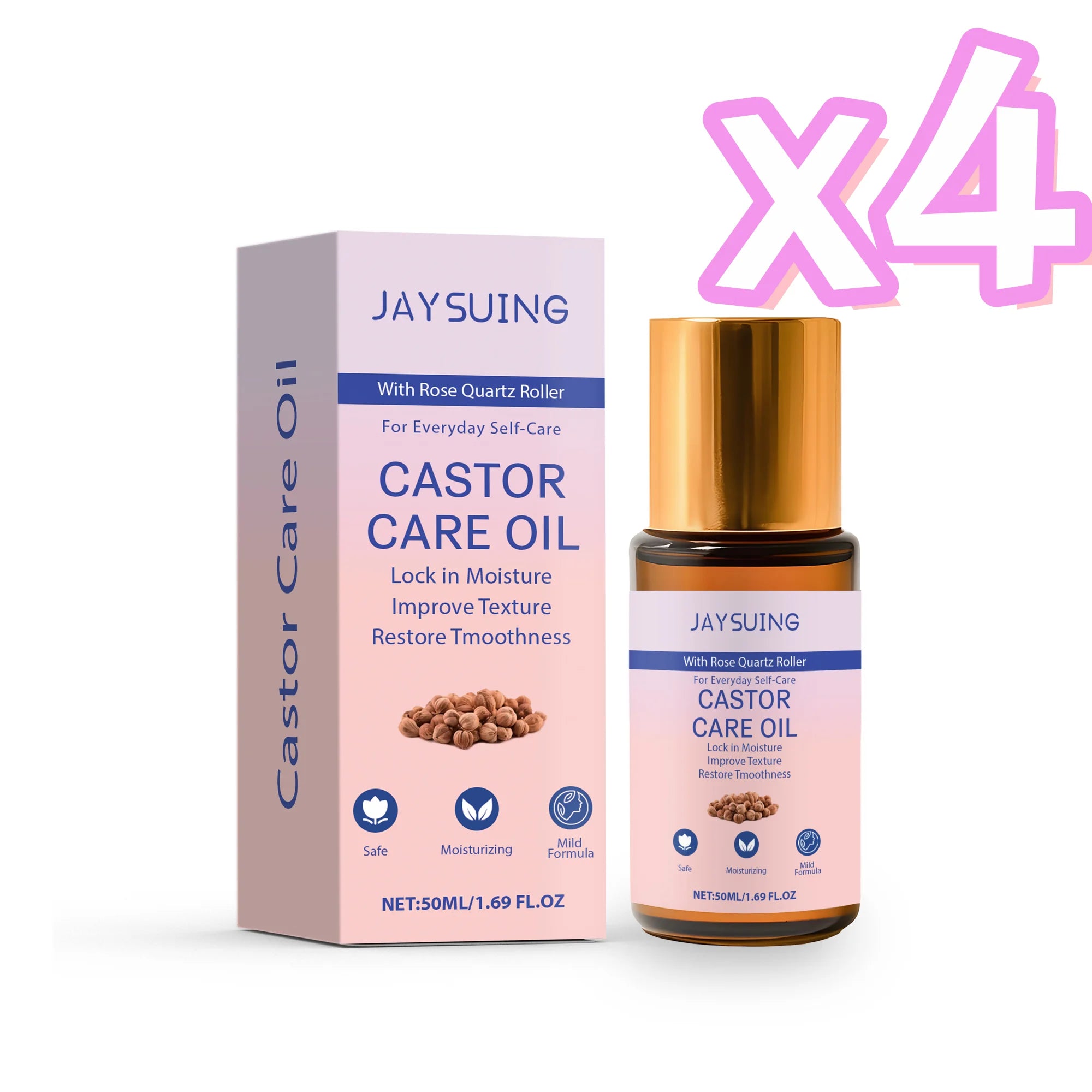 Organic Castor Oil Rose Quartz Roller – Skin & Hair Growth Castor Oil Roller Oasis Select 50ml boxed x 4