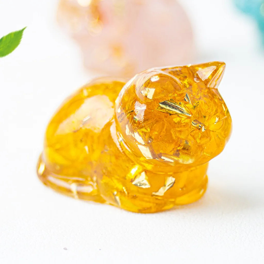 Crystal Chip Epoxy Lying Cat Figurine | Desk Decor & Gift