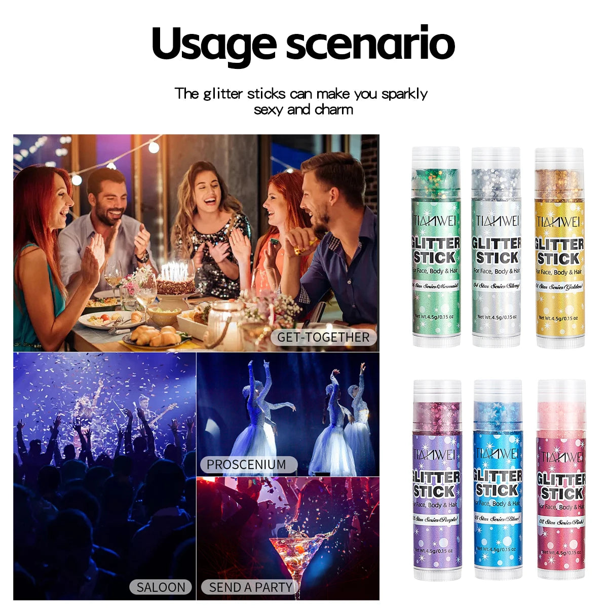 6-Pack Glitter Stick Set – Waterproof Sequin Gel Face & Body Glitter Makeup Sticks Oasis Select