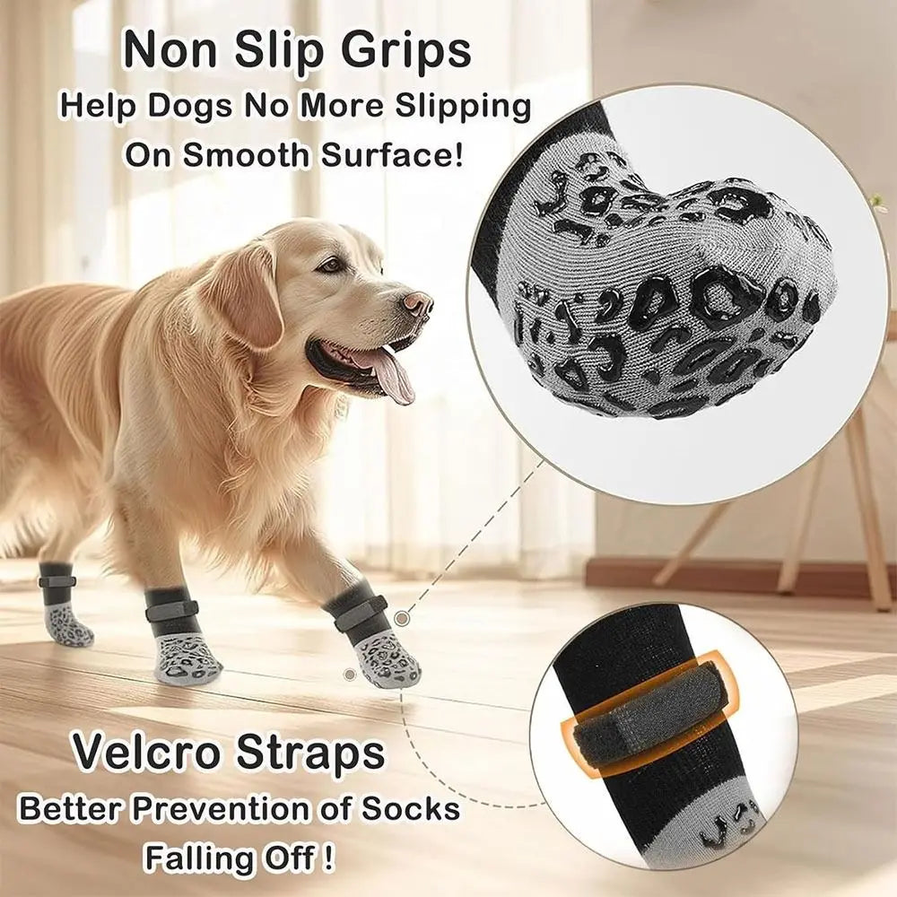 4PCS Anti-Slip Cozy Dog Socks Anti-Scratch Strong Grip Knitted Socks Adjustable Band Cotton Paw Protector Wooden Floors Oasis Select
