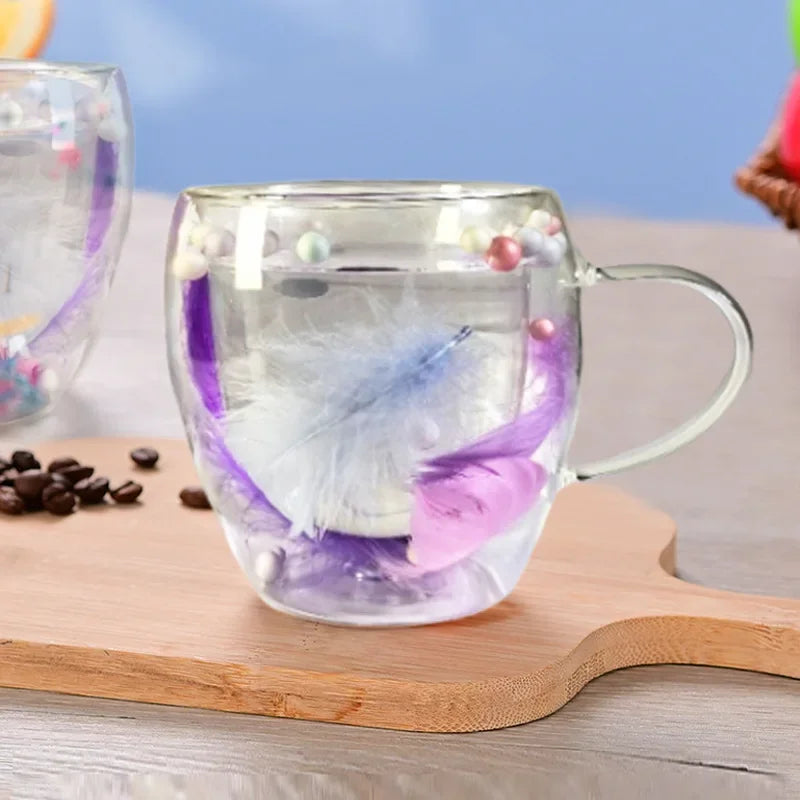 250/350ML Double Wall Coffee Mug with Handles Clear Milk Cups Gifts Glass Cup Household Office Fill Simulation Feather Teacup Oasis Select