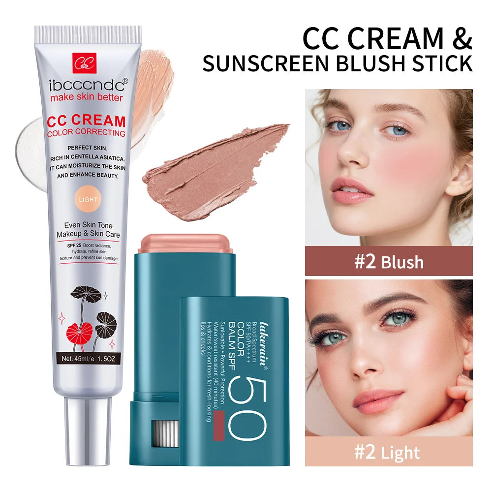 2pcs/set Color Correcting CC Cream & Suncreen Blush Stick Long-Lasting Waterproof Natural Finish Face Makeup Korean Cosmetic Oasis Select SET 7