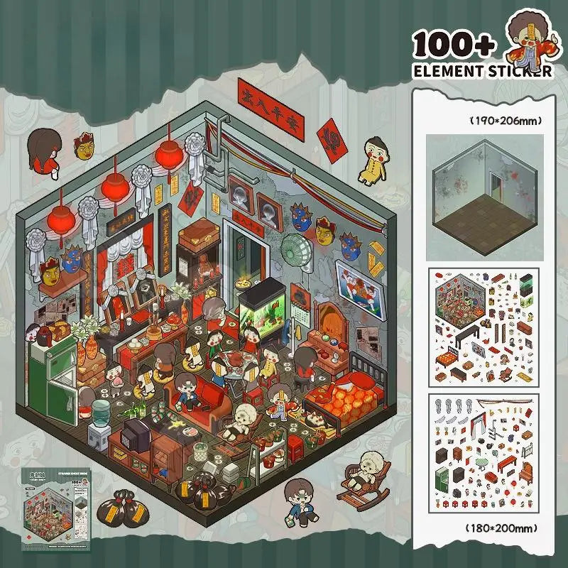 Kawaii 3D Cartoon Miniature Scene Adventure Pocket Cabin Visual Stacking and Pasting Three dimensional Stickers Children Gifts Oasis Select A3