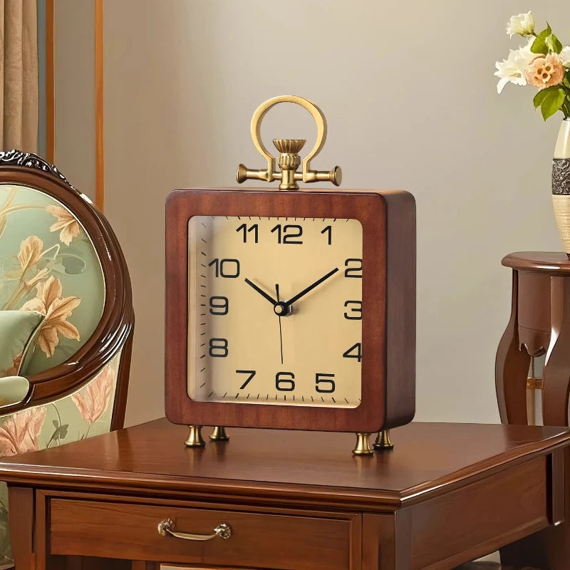 Living Room Household Solid Wood Clock Ornament Desktop New Retro High-end Sense High-end Placement Silent Clock Oasis Select