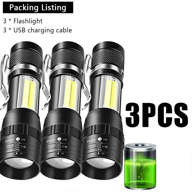 KDULIT Mini Portable Flashlight COB+XPE Zoomable Torch USB Rechargeable Outdoor Camping Fishing Long Range Emergency Lantern Oasis Select 3pcs