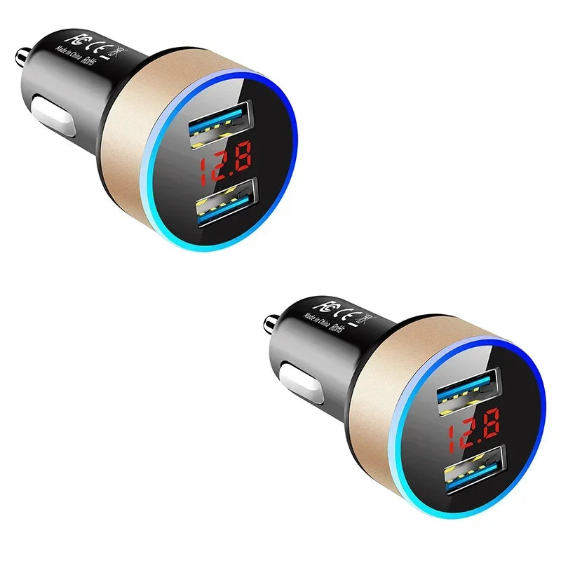 1/2pcs Car Charger For Cigarette Lighter Smart Phone USB Adapter Mobile Phone Charger Dual USB Digital Display Voltmeter Oasis Select Gold 2pcs