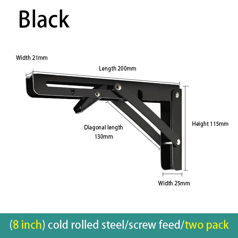 2PCS Thickened stainless steel folding bracket triangular bracket right angle holder wall shelf layer board bracket Oasis Select black-8inch 2pcs