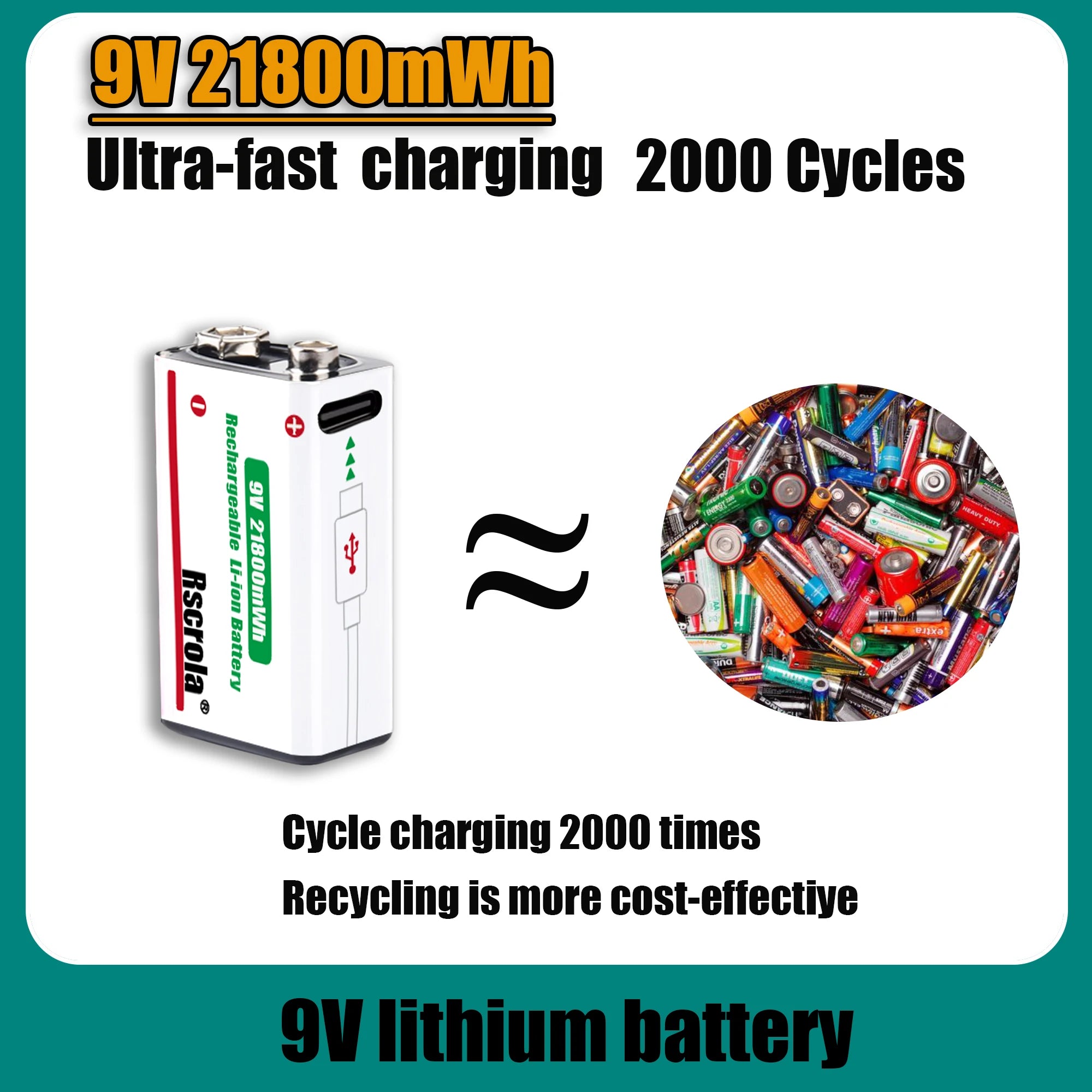 Long-Lasting 9V Lithium ion Rechargeable Battery 21800mWh High Capacity for Guitar Microphone Smoke Detector Pedal with Cable Oasis Select
