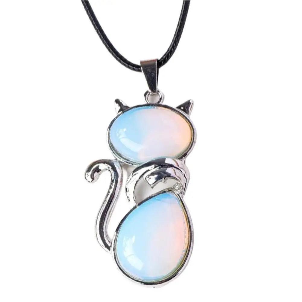 Natural Stone Cat Pendant – Amethyst, Tiger Eye & Crystal