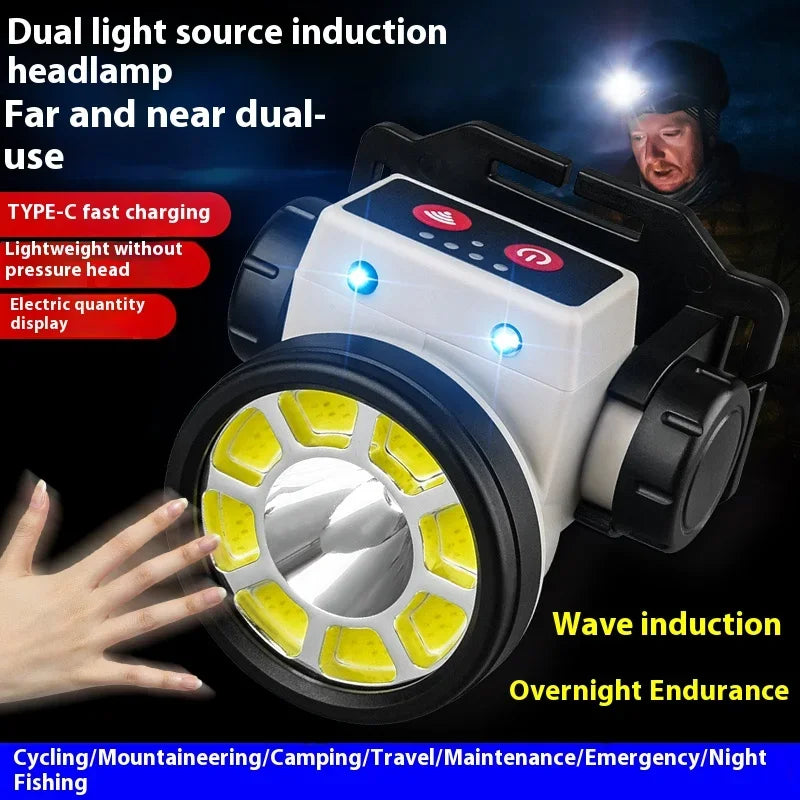 LED Fishing Headlamp Rechargeable Lamp High Power LED Flashlights Lanterna Supports Both High and Low Beam With Sensing Function Oasis Select
