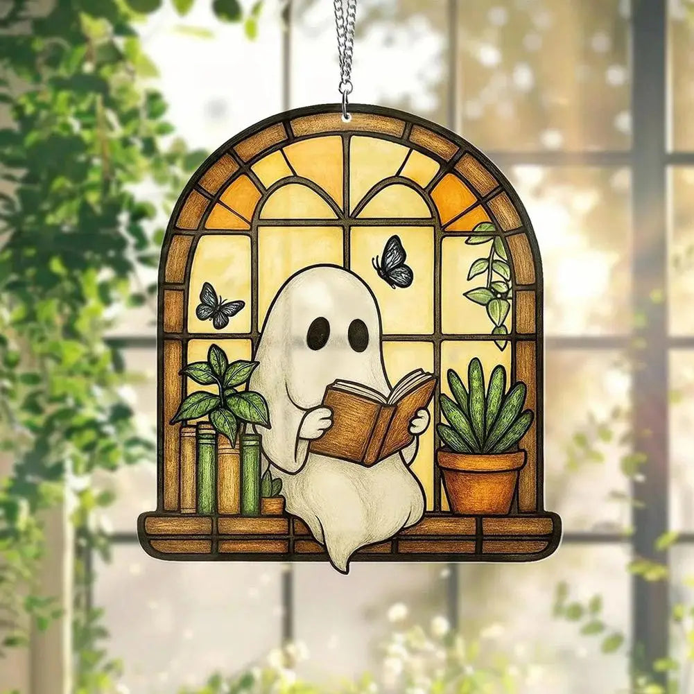Halloween Ghost Reading Book Acrylic Suncatcher Window Hanging