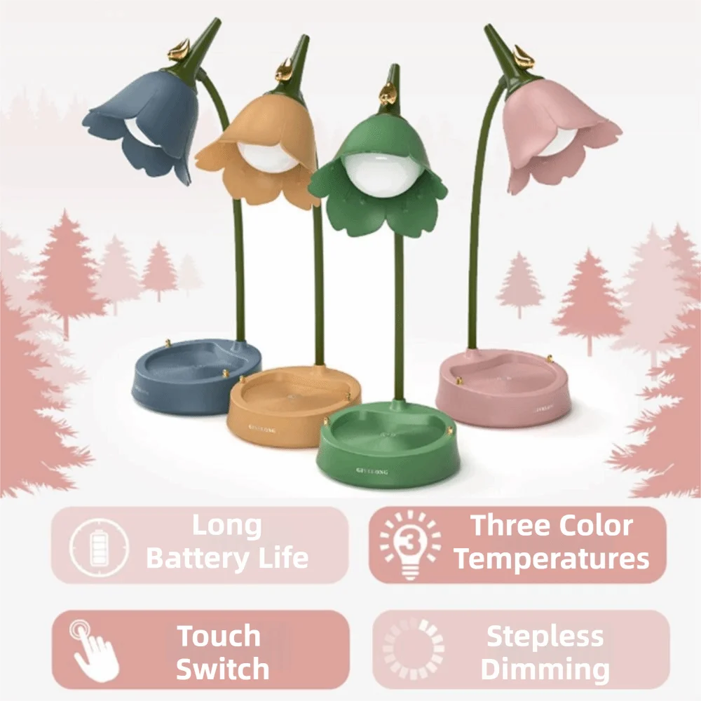 Flower LED Desk Lamp | Touch Dim, 3 Colors, USB Rechargeable