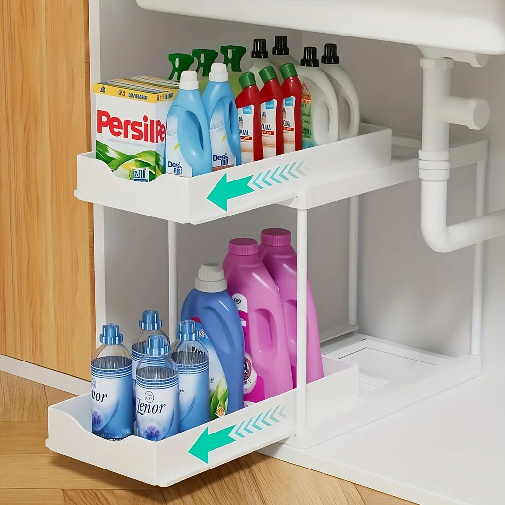 Pull Out Storage Rack 2 Tier,Black/White Under Sink Organizer with Non-Slip Drawers for Kitchen Bathroom Cabinet Bathroom Shelve Oasis Select