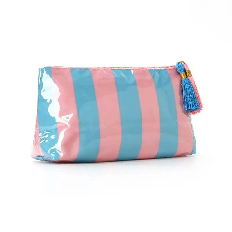 Waterproof Striped PVC Cosmetic Bag with Tassel Zipper